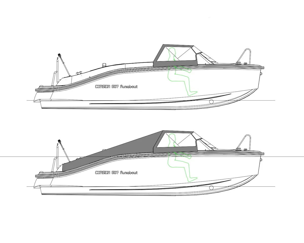 Corsiva 607 Runabout műszaki rajz kabinponyvával, két változatban